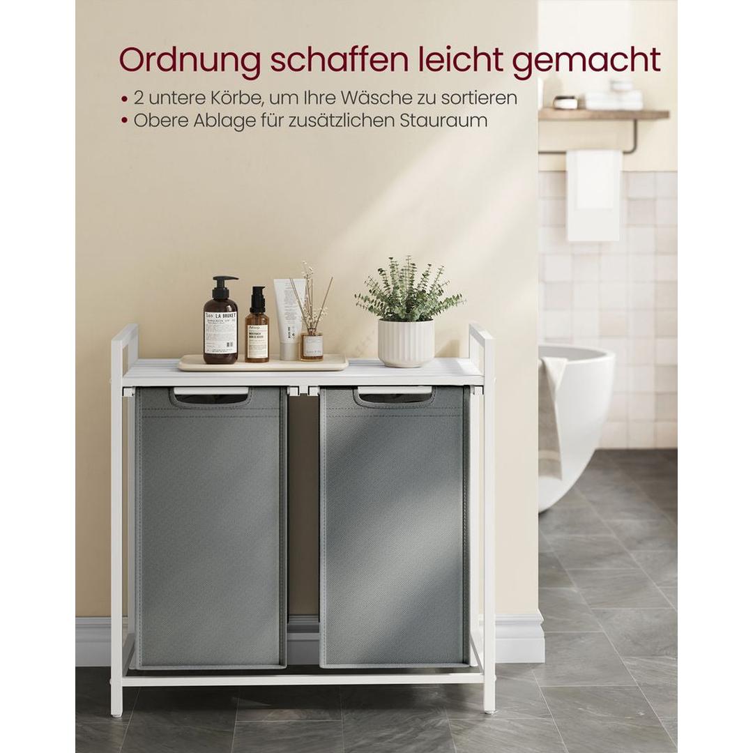 Wasmand met Uittrekbare Waszakken – Wasbox met 2 Vakken, Opbergblad en Stalen Frame