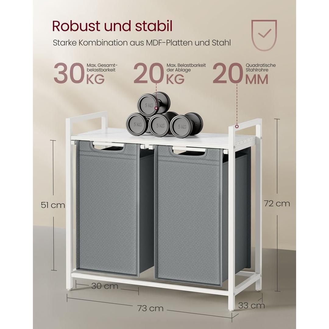 Wasmand met Uittrekbare Waszakken – Wasbox met 2 Vakken, Opbergblad en Stalen Frame