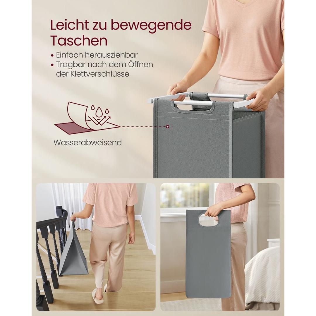 Wasmand met Uittrekbare Waszakken – Wasbox met 2 Vakken, Opbergblad en Stalen Frame