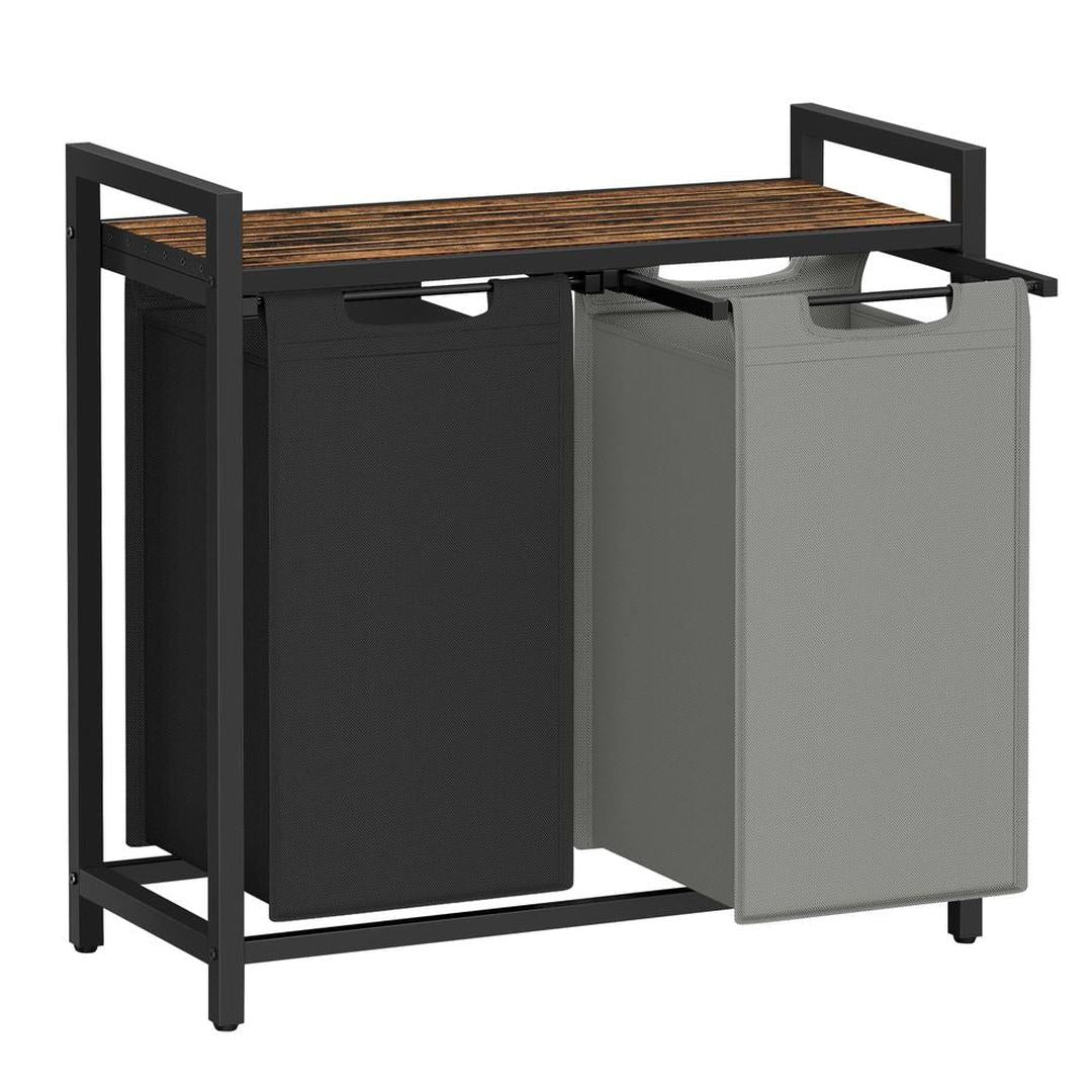 Wasmand met Uittrekbare Waszakken – Wasbox met 2 Vakken, Opbergblad en Stalen Frame