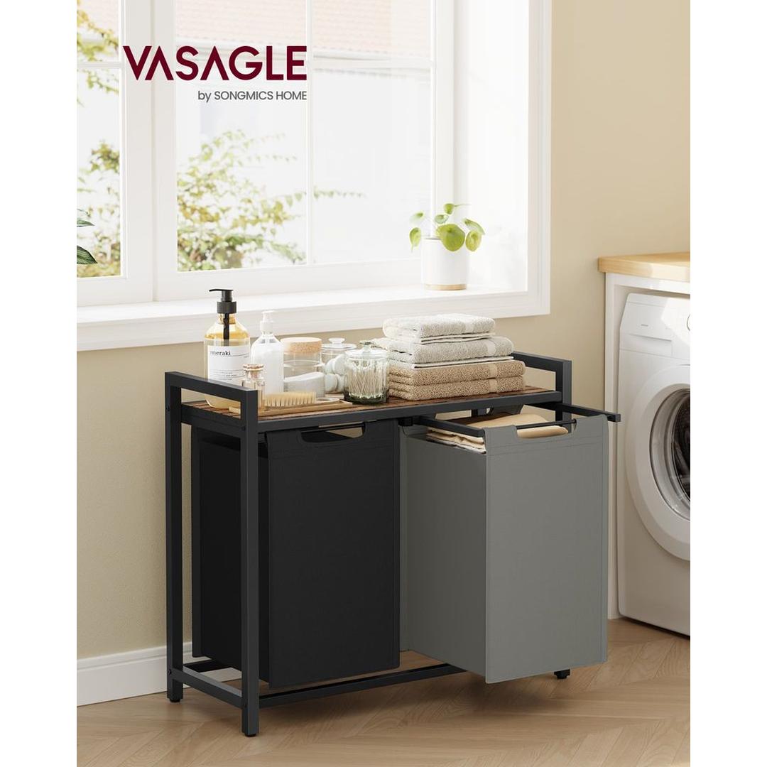 Wasmand met Uittrekbare Waszakken – Wasbox met 2 Vakken, Opbergblad en Stalen Frame