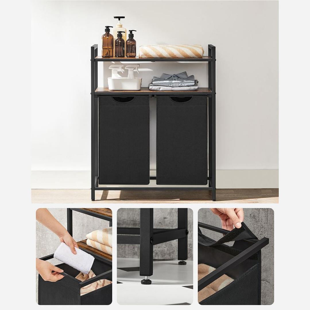 Wasmand met 2 Compartimenten – Wasbox met 2 Uitneembare Waszakken en 2 Opbergplanken