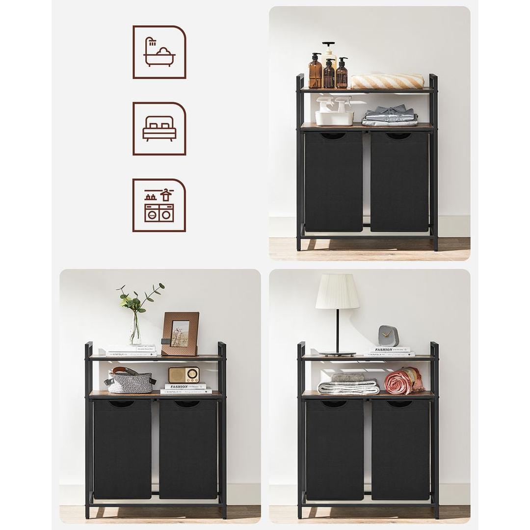 Wasmand met 2 Compartimenten – Wasbox met 2 Uitneembare Waszakken en 2 Opbergplanken
