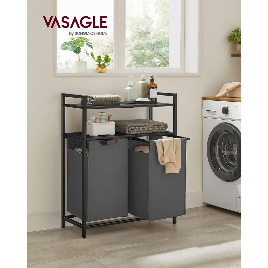 Wasmand met 2 Compartimenten – Wasbox met 2 Uitneembare Waszakken en 2 Opbergplanken