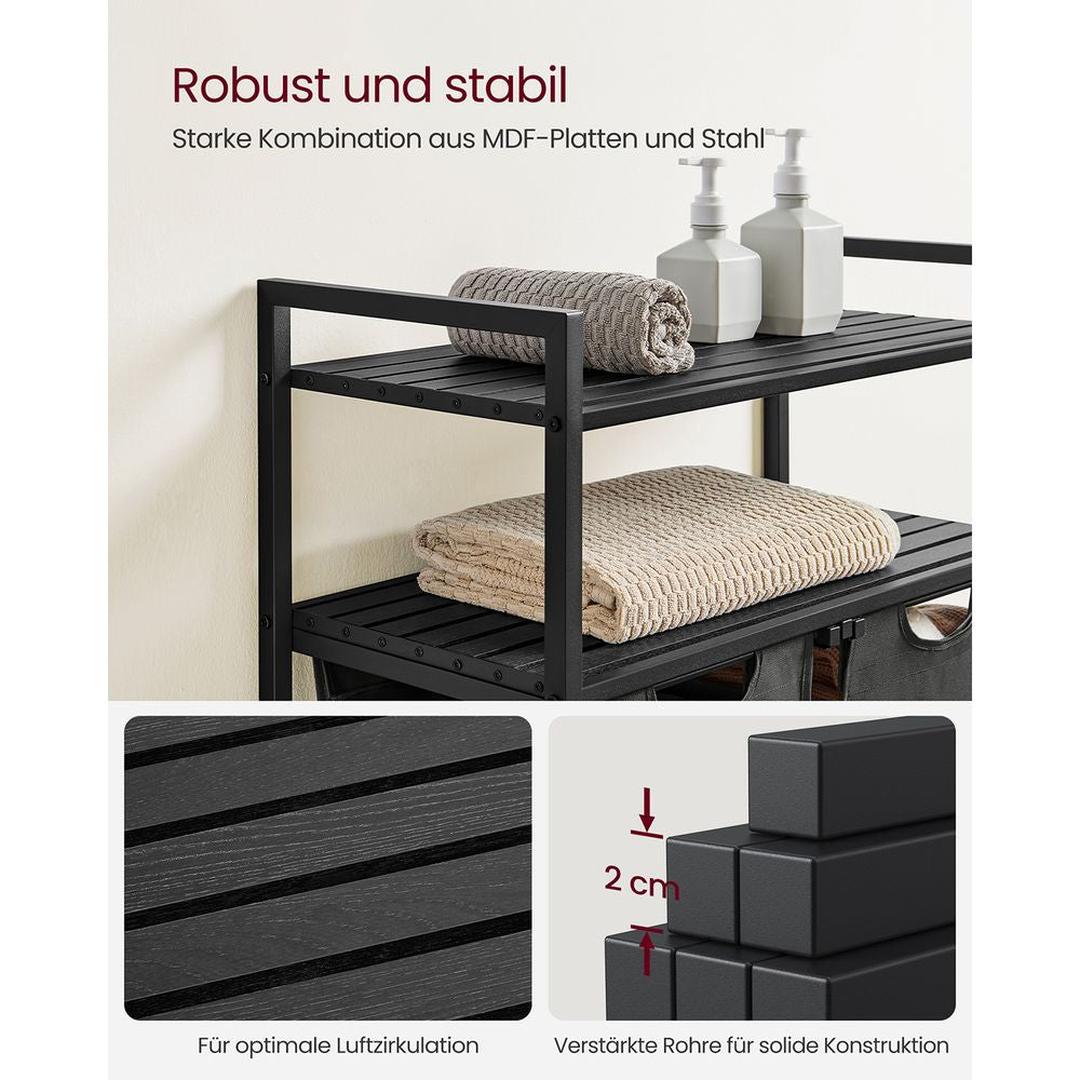 Wasmand met 2 Compartimenten – Wasbox met 2 Uitneembare Waszakken en 2 Opbergplanken