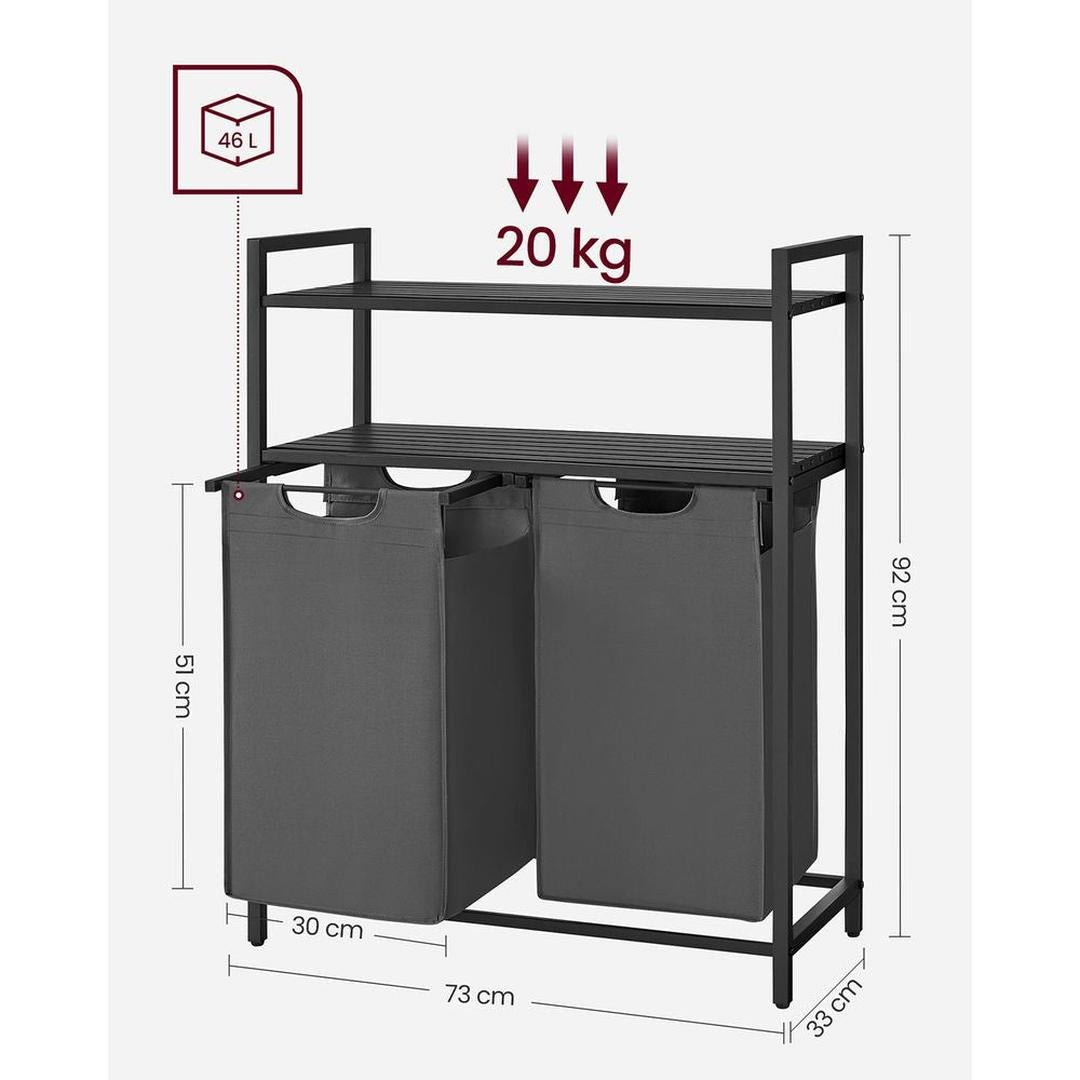 Wasmand met 2 Compartimenten – Wasbox met 2 Uitneembare Waszakken en 2 Opbergplanken