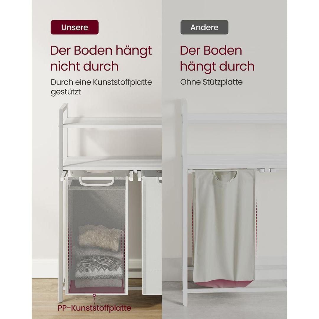 Wasmand met 2 Compartimenten – Wasbox met 2 Uitneembare Waszakken en 2 Opbergplanken