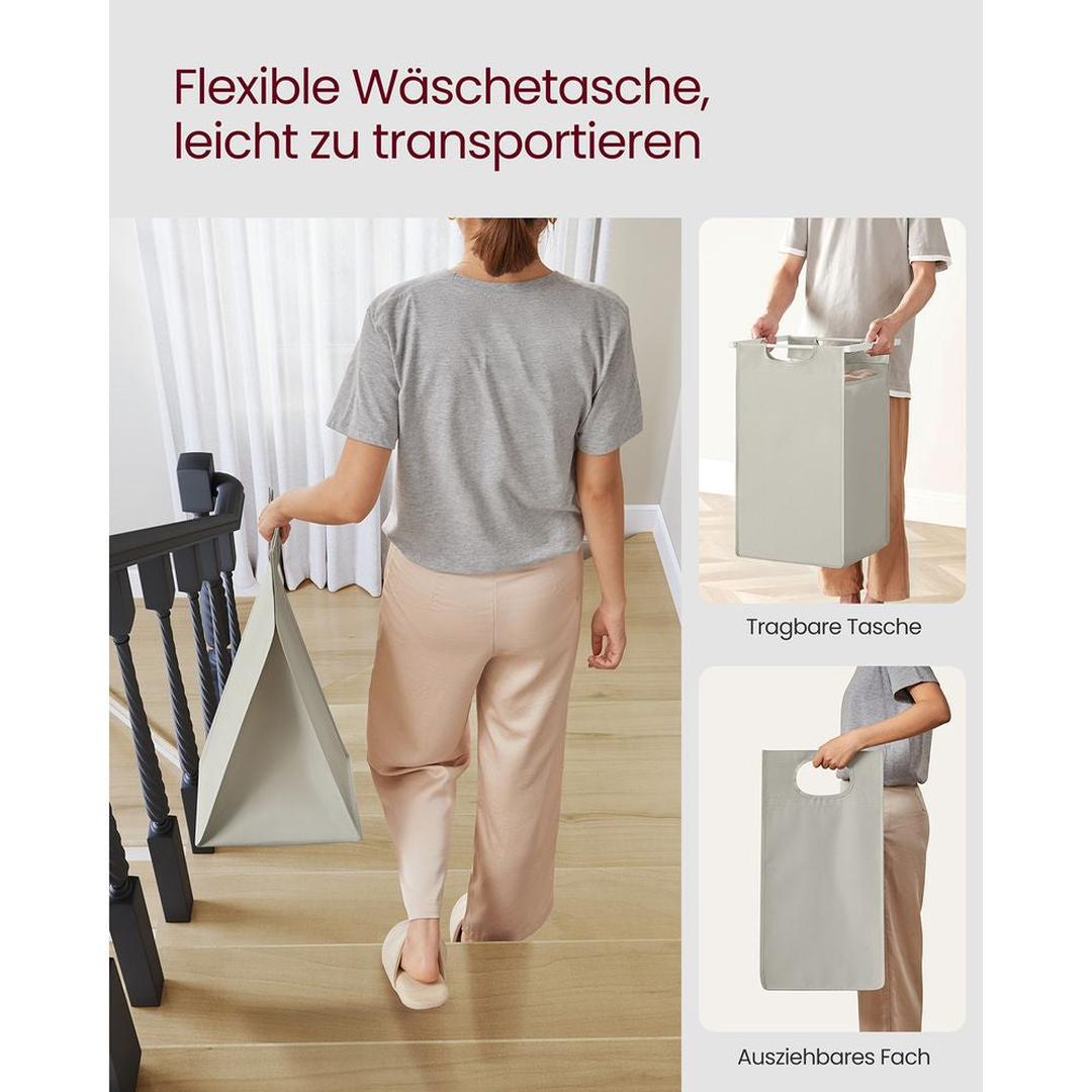 Wasmand met 2 Compartimenten – Wasbox met 2 Uitneembare Waszakken en 2 Opbergplanken
