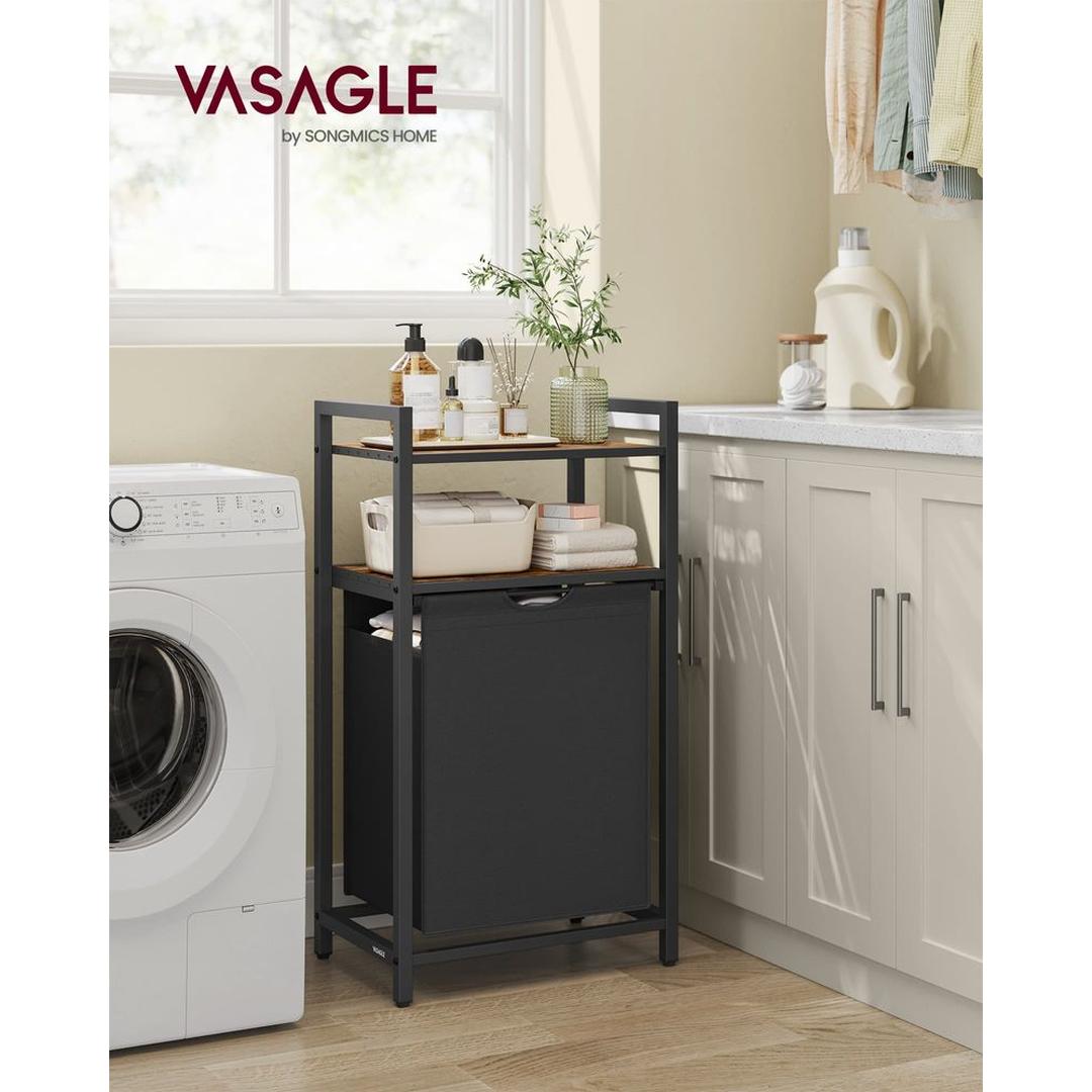 Wasmand met 2 Compartimenten – Wasbox met 2 Uitneembare Waszakken en 2 Opbergplanken