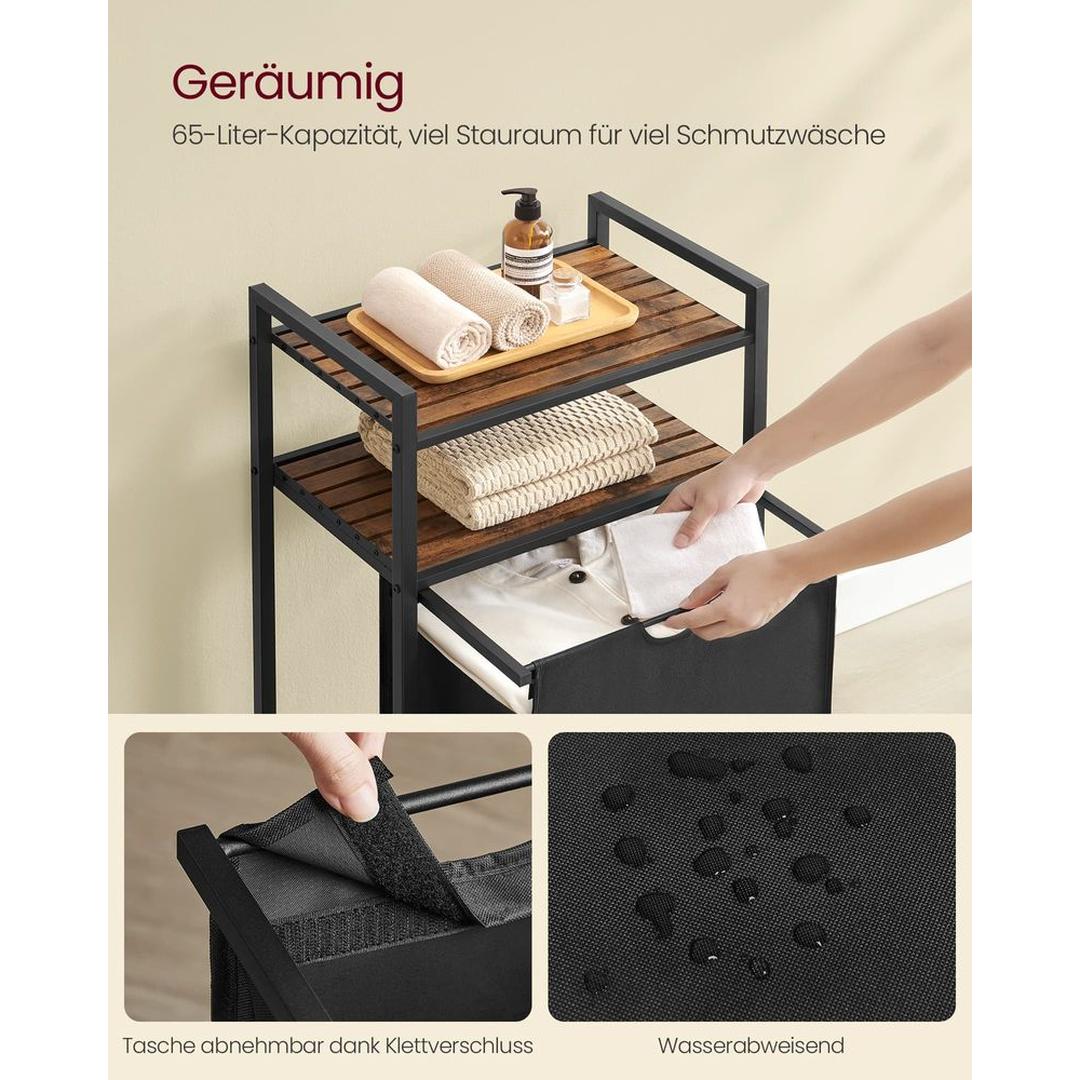 Wasmand met 2 Compartimenten – Wasbox met 2 Uitneembare Waszakken en 2 Opbergplanken