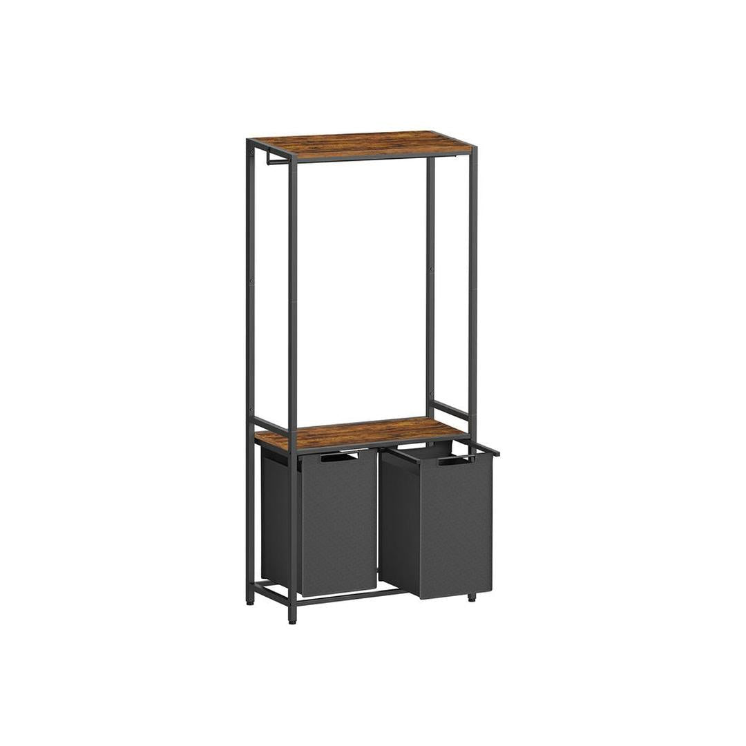 Wasmand met Kledingrek en 2 Compartimenten – Wasbox met Ophangstang, Opbergplanken en Uitneembare Waszakken