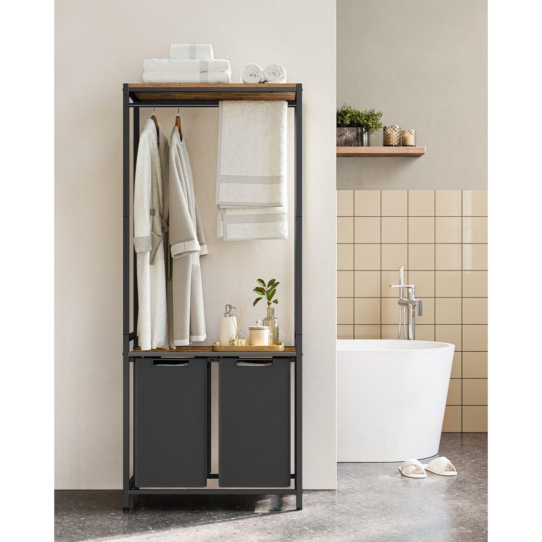 Wasmand met Kledingrek en 2 Compartimenten – Wasbox met Ophangstang, Opbergplanken en Uitneembare Waszakken