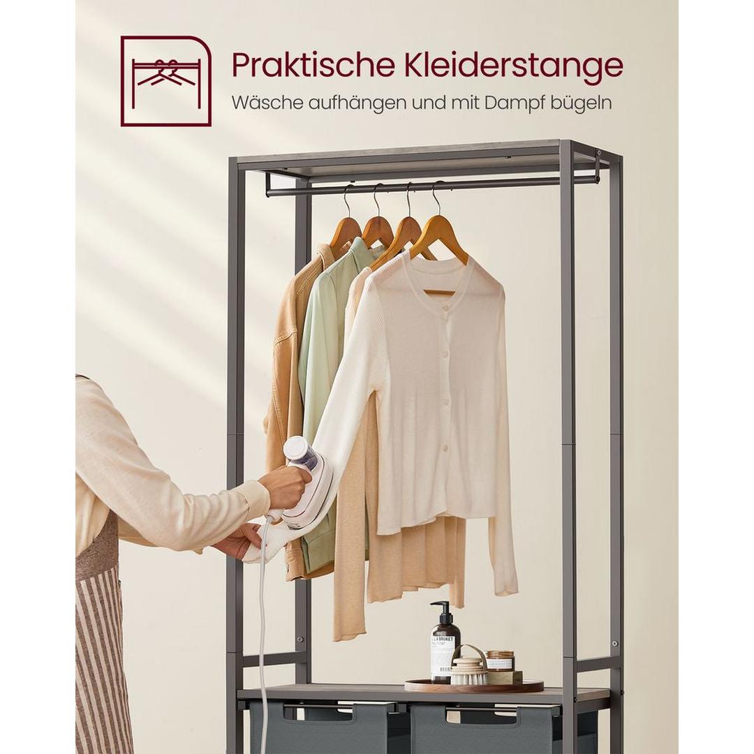 Wasmand met Kledingrek en 2 Compartimenten – Wasbox met Ophangstang, Opbergplanken en Uitneembare Waszakken