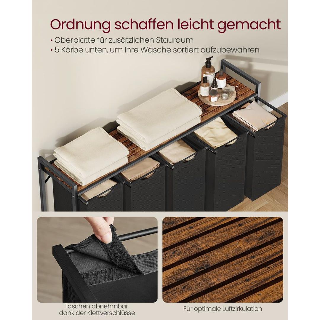Wasmand met Uittrekbare Waszakken – Wasbox met 2 Vakken, Opbergblad en Stalen Frame