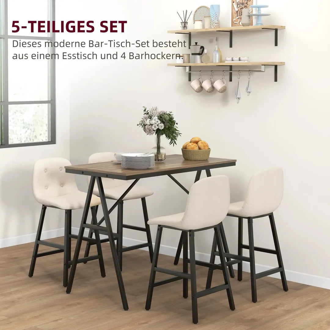 Barkrukset met Tafel – Industrieel Design, 2 Barkrukken met Stiksels, Lichtgrijs, 120 x 60 x 91 cm