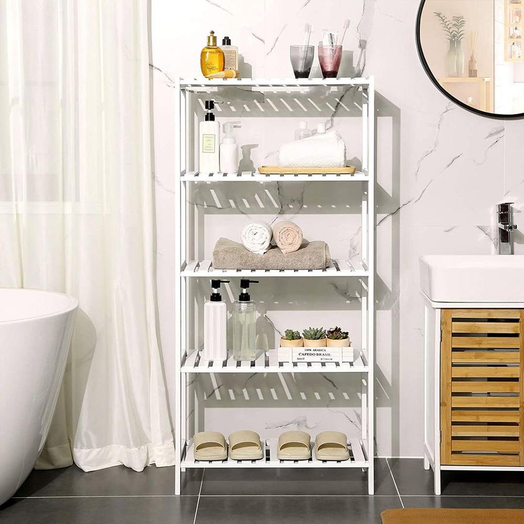 Bamboe Badkamerrek met 5 Legplanken – Smalle Opbergkast voor Badkamer, Toilet of Slaapkamer