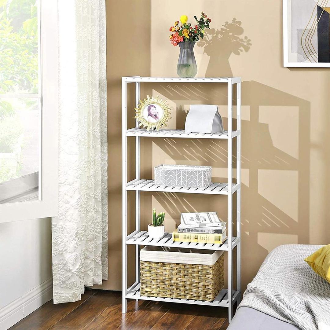 Bamboe Badkamerrek met 5 Legplanken – Smalle Opbergkast voor Badkamer, Toilet of Slaapkamer