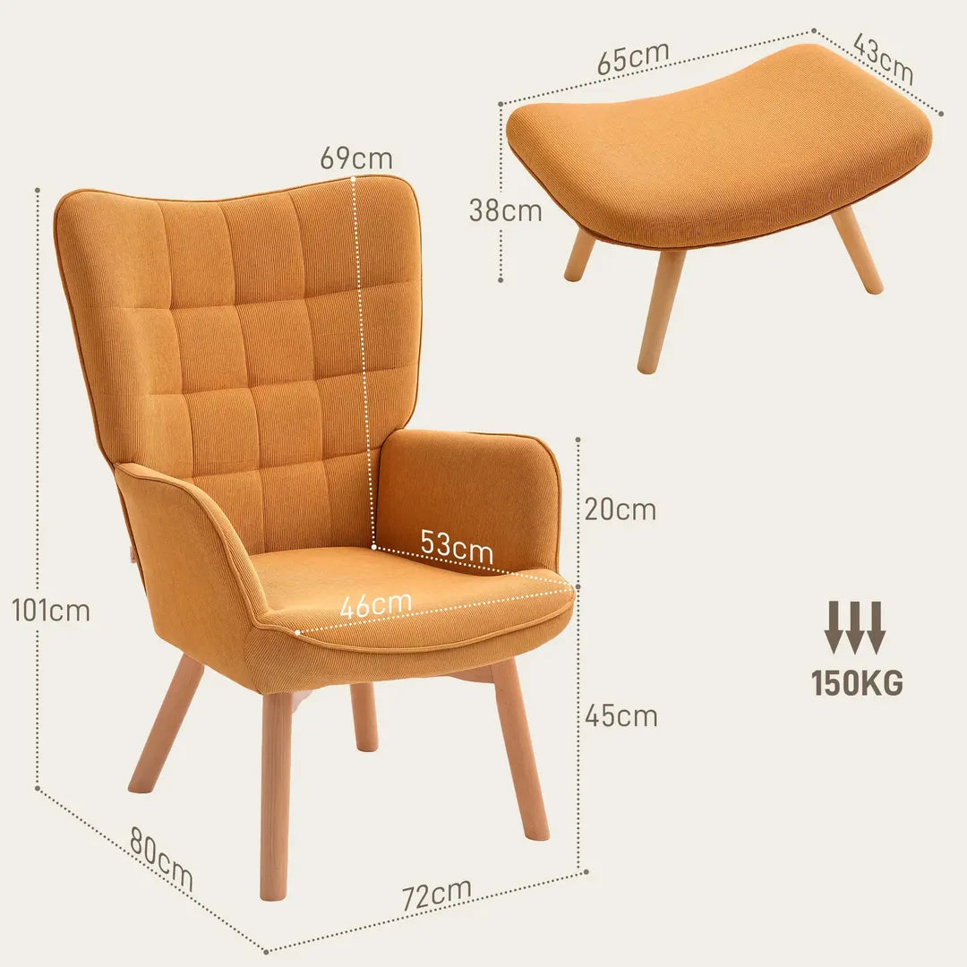 Fauteuil met Hocker – Relaxstoel in Cordstof met Armleuningen en Houten Poten, Grijs, voor Woonkamer
