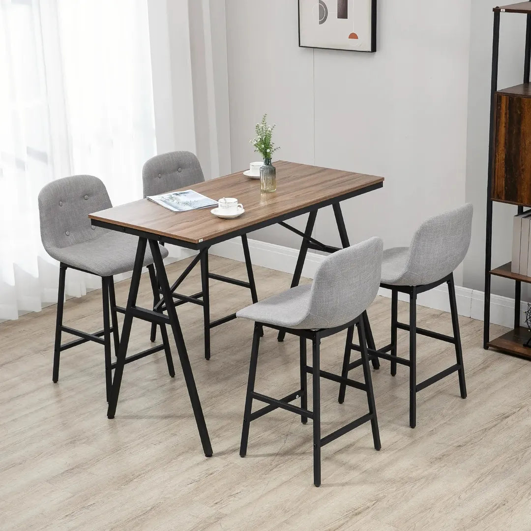 Barkrukset met Tafel – Industrieel Design, 2 Barkrukken met Stiksels, Lichtgrijs, 120 x 60 x 91 cm