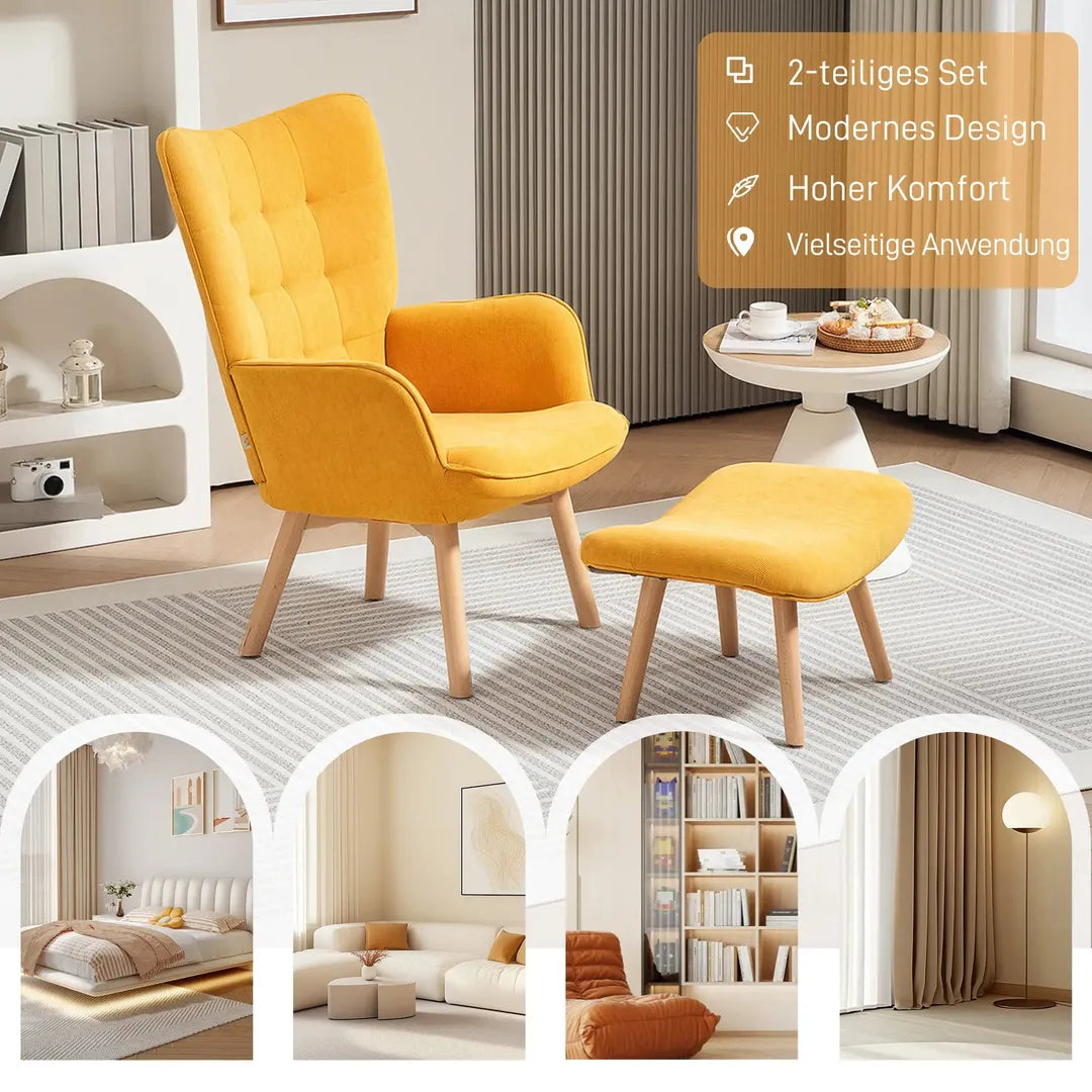 Fauteuil met Hocker – Relaxstoel in Cordstof met Armleuningen en Houten Poten, Grijs, voor Woonkamer