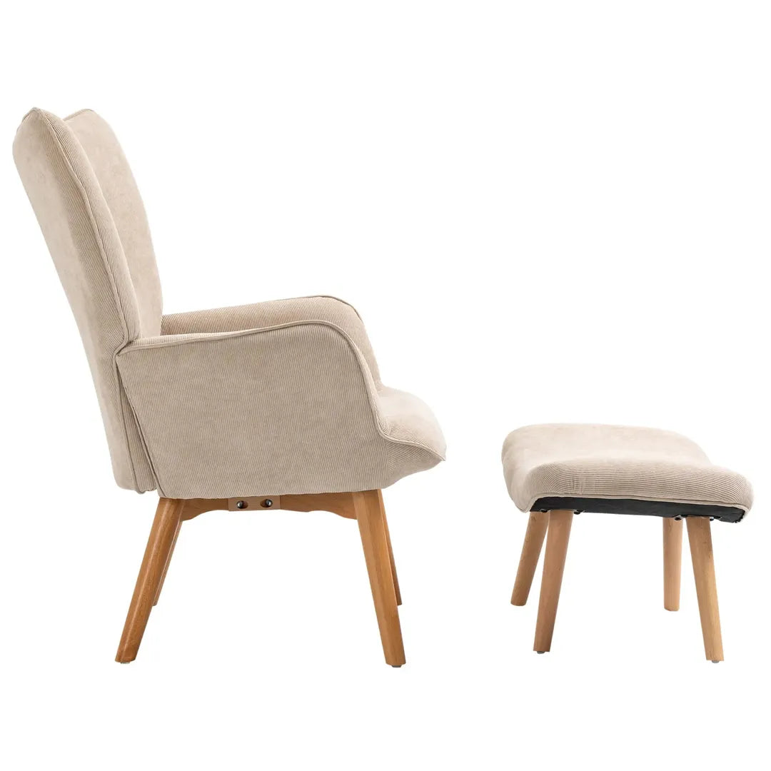 Fauteuil met Hocker – Relaxstoel in Cordstof met Armleuningen en Houten Poten, Grijs, voor Woonkamer