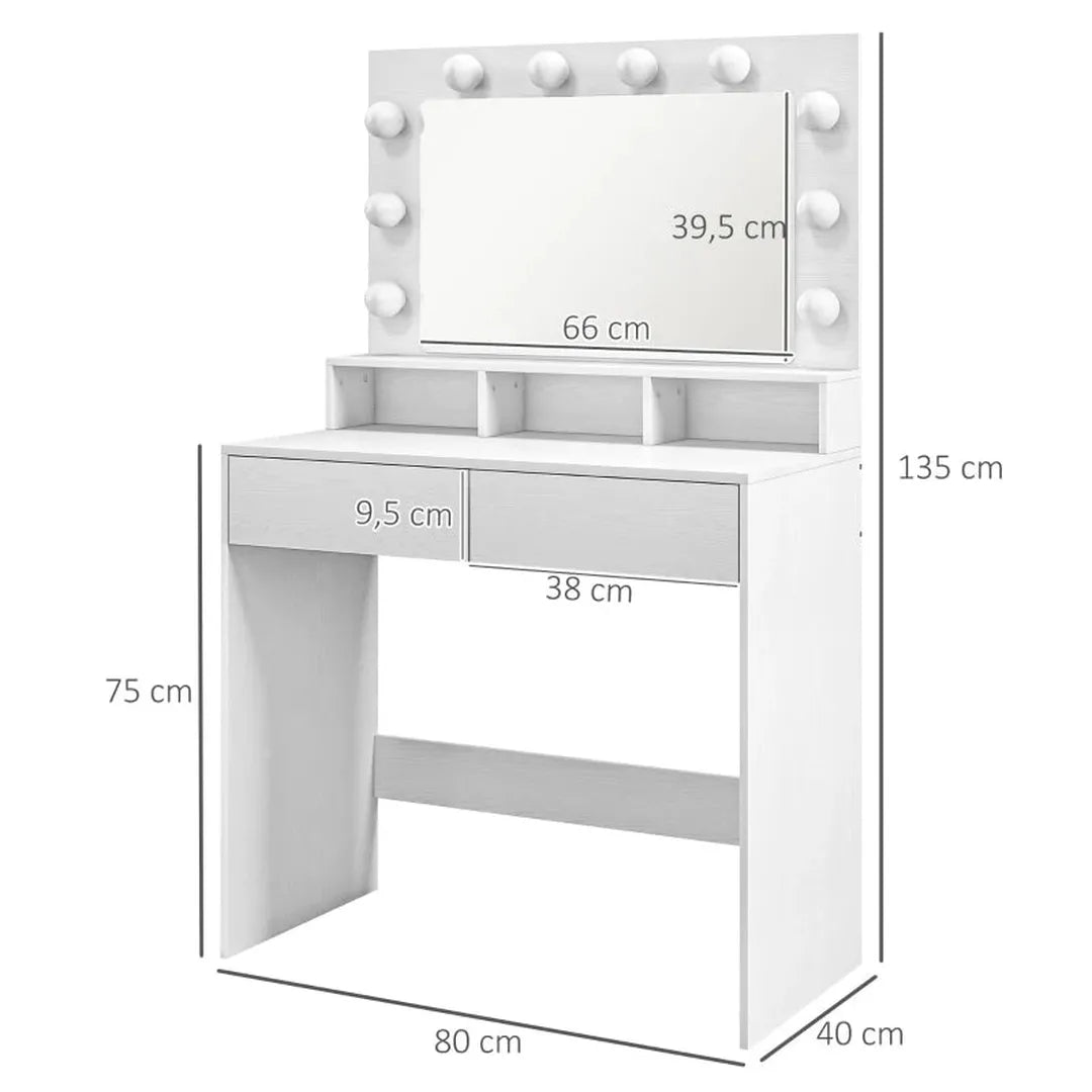 Kaptafel met verlichte spiegel – 3 lichtstanden – 10 lampjes – lades – modern – wit