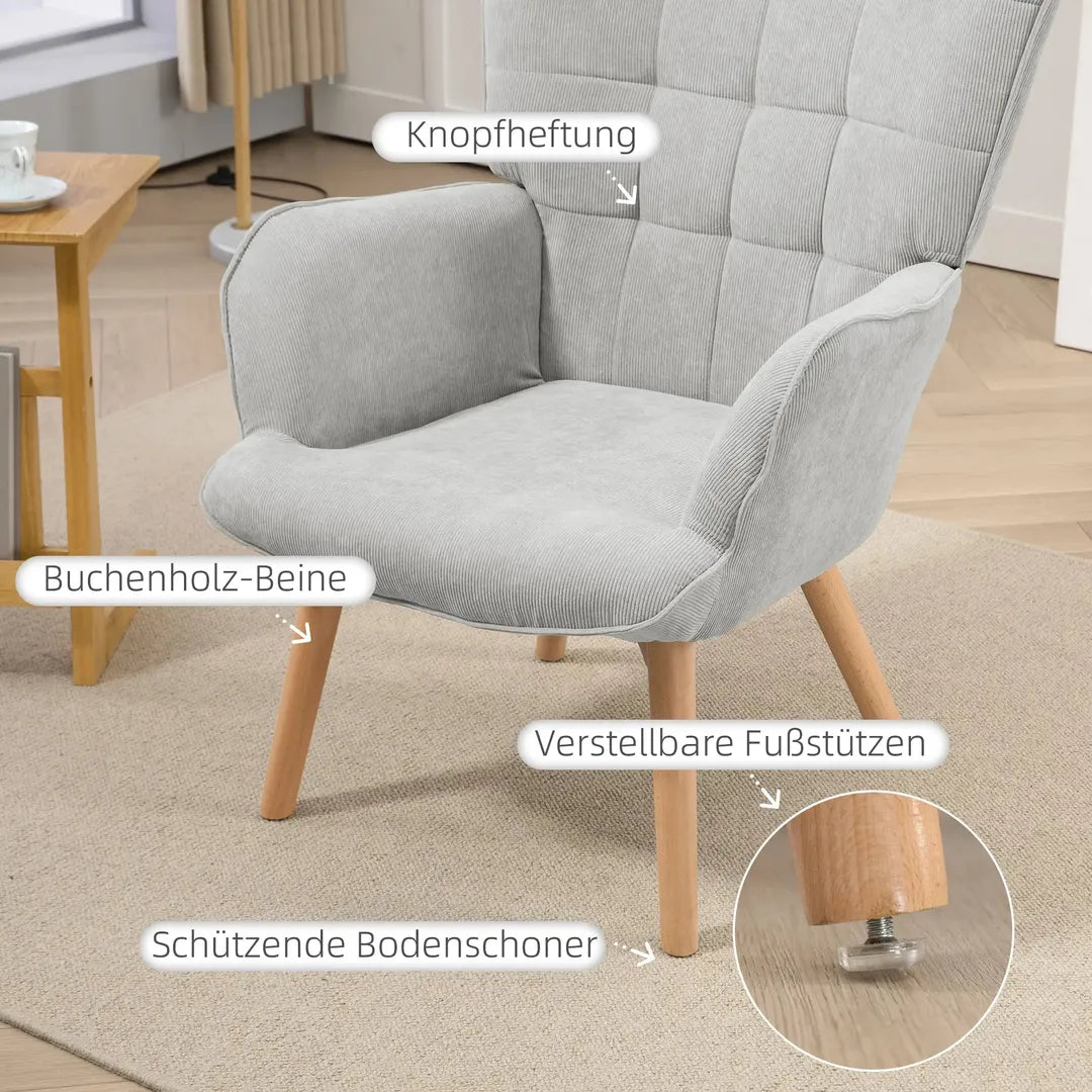 Fauteuil met Hocker – Relaxstoel in Cordstof met Armleuningen en Houten Poten, Grijs, voor Woonkamer