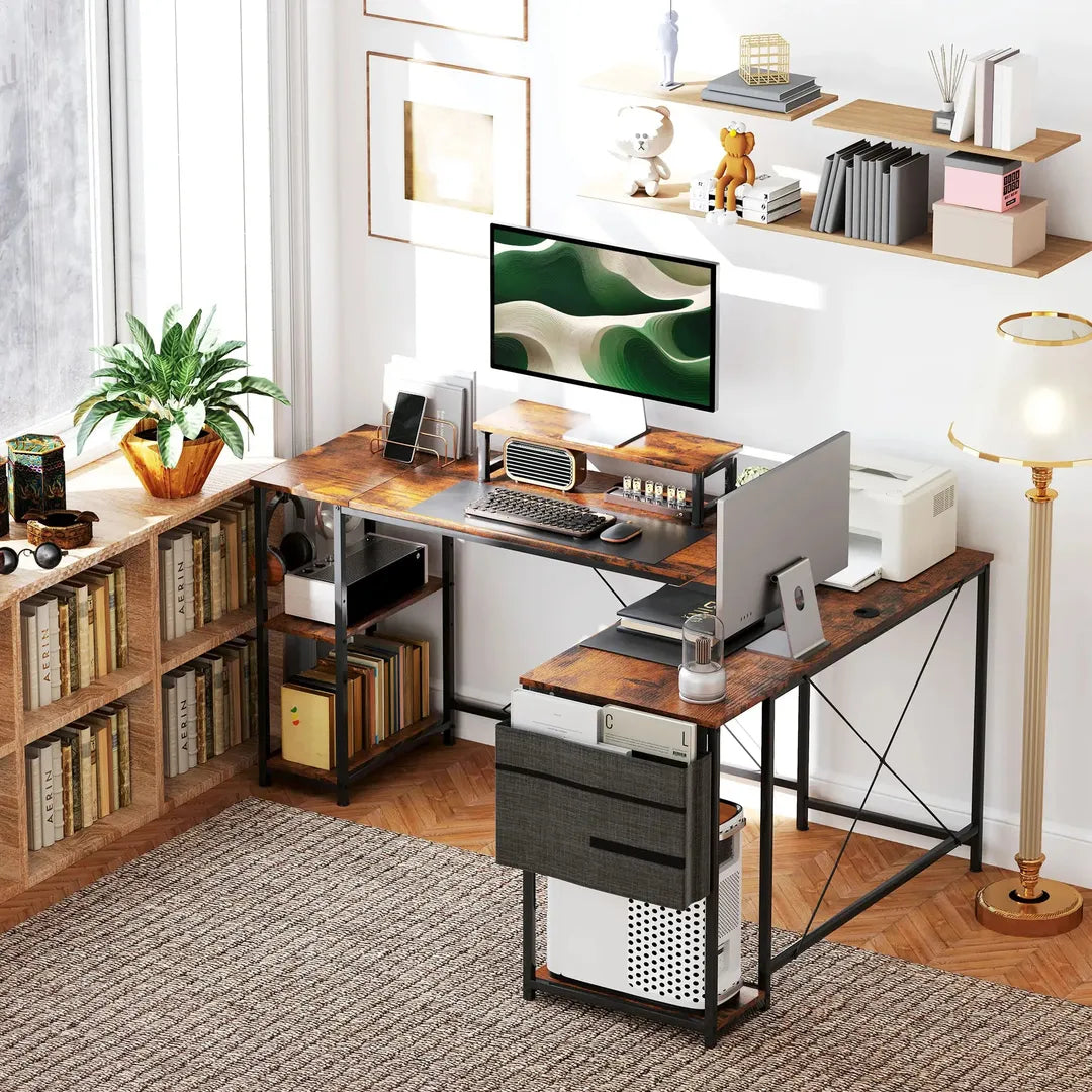 L-vormig bureau met verstelbare legplanken en monitorstand – hoekbureau met opbergtas, bruin