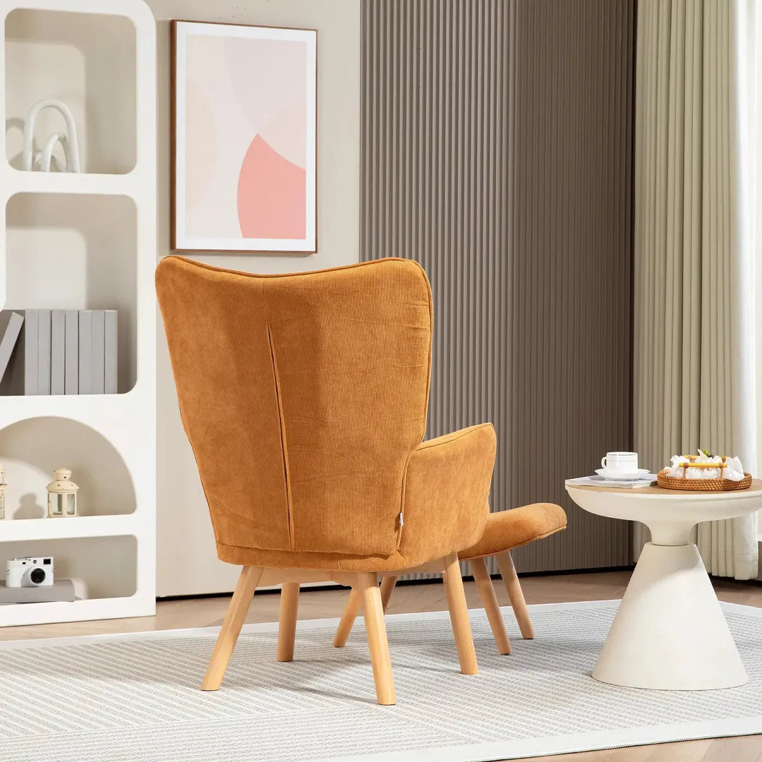 Fauteuil met Hocker – Relaxstoel in Cordstof met Armleuningen en Houten Poten, Grijs, voor Woonkamer