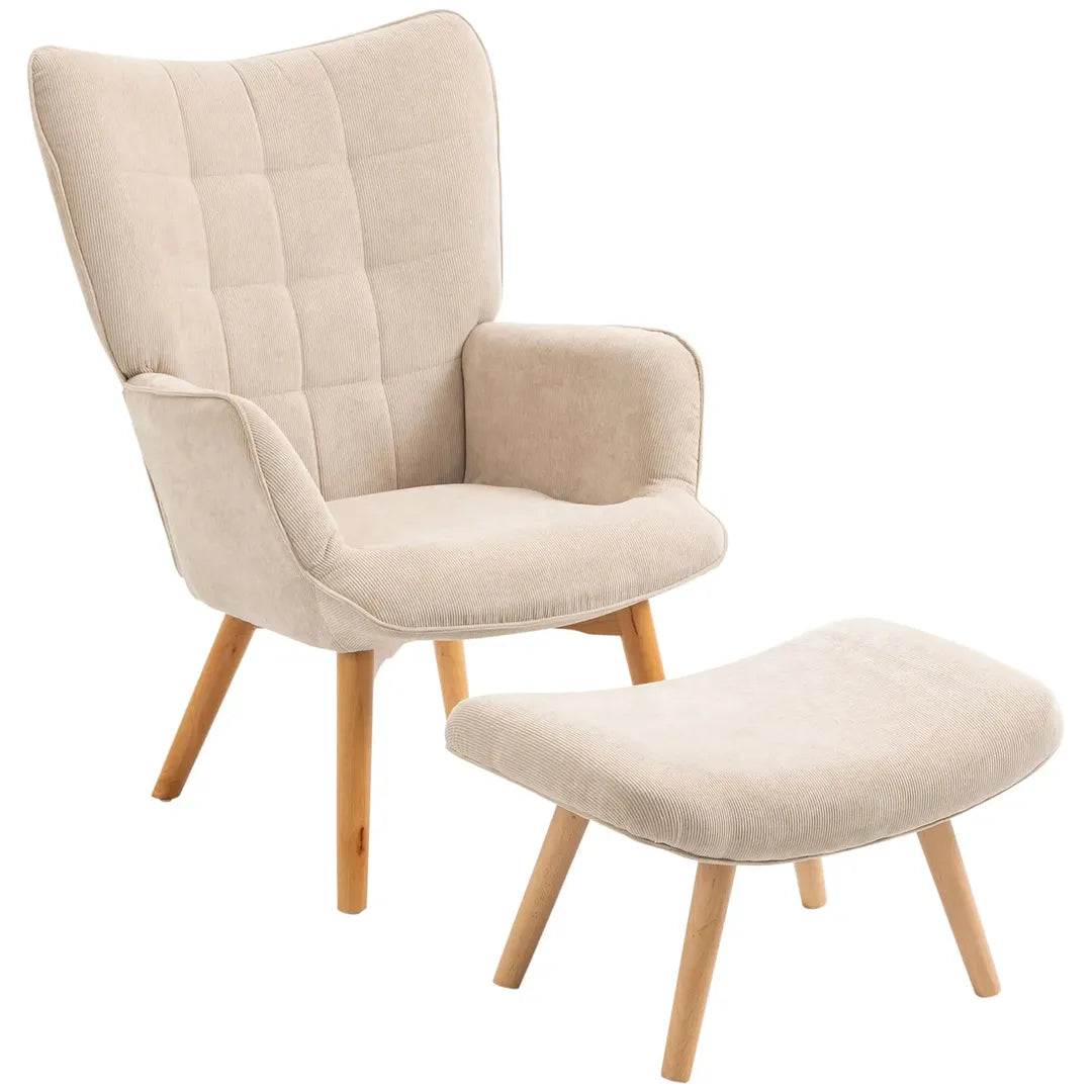 Fauteuil met Hocker – Relaxstoel in Cordstof met Armleuningen en Houten Poten, Grijs, voor Woonkamer