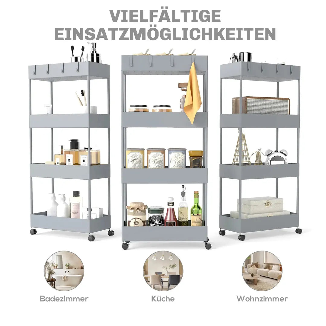 Keukenwagen met 4 legplanken en 4 haken – op wielen – Grijs – 40 × 19 × 90 cm