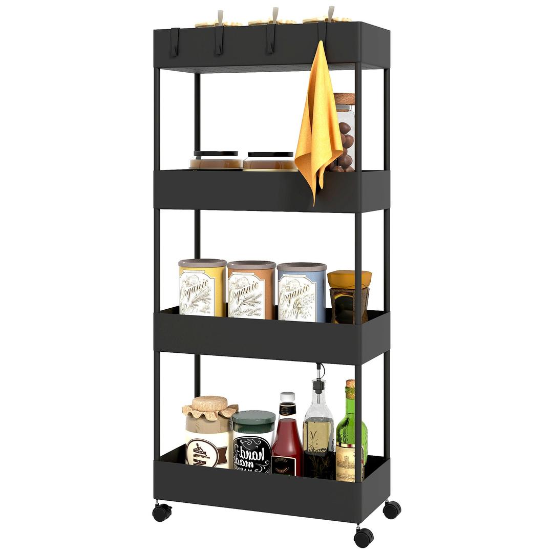 Keukenwagen met 4 legplanken en 4 haken – op wielen – Grijs – 40 × 19 × 90 cm