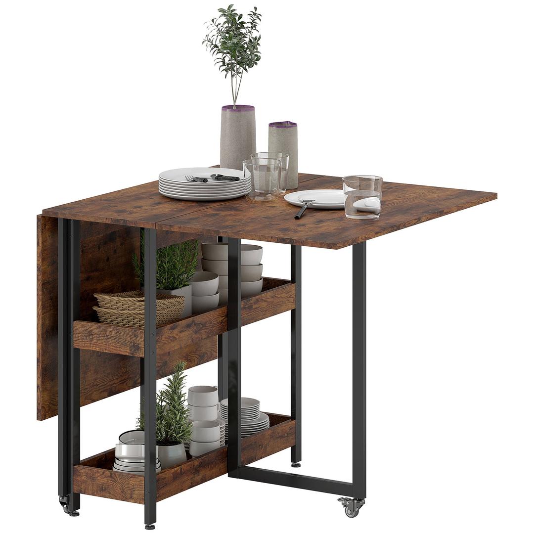 Eettafel inklapbaar – geschikt voor 4 personen – met open opbergrekken – Houtlook spaanplaat en metaal – Bruin