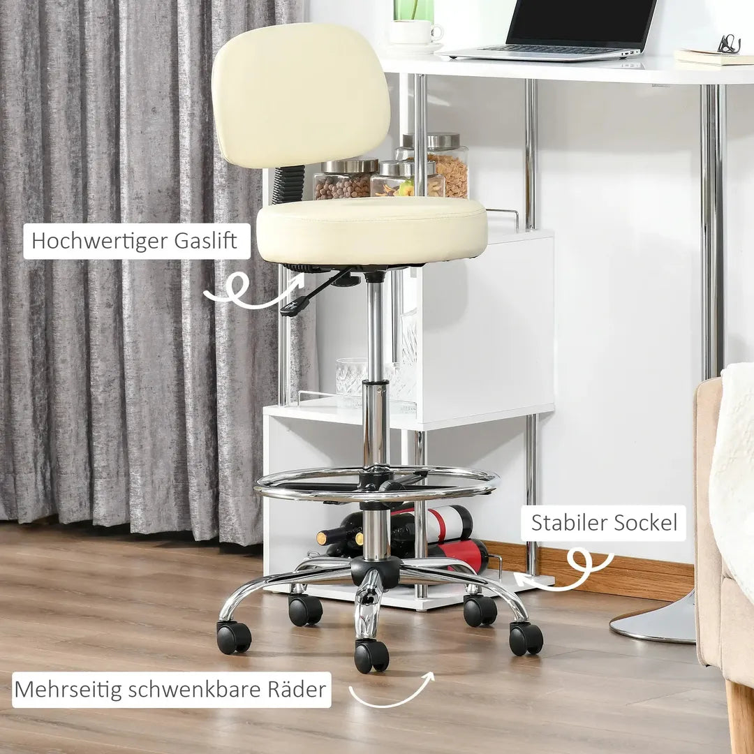 Barstoel met 360° Draai – Hoogteverstelbaar, Met Wielen en Rugleuning van Kunstleer, Beige, 56 x 57 x 104-127 cm