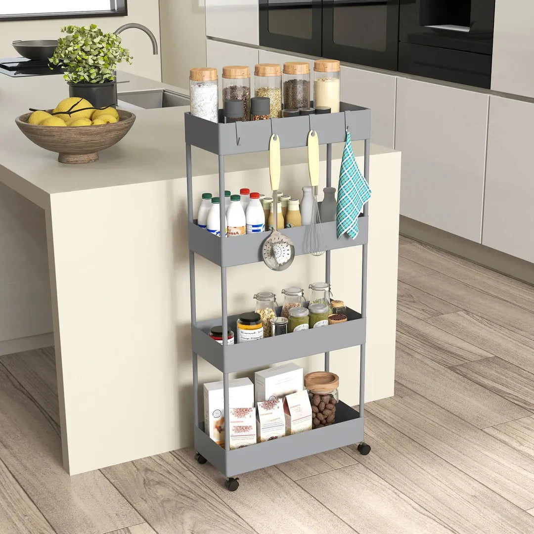 Keukenwagen met 4 legplanken en 4 haken – op wielen – Grijs – 40 × 19 × 90 cm
