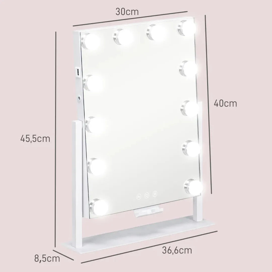 Make-up spiegel met LED-verlichting – 12 lampen met 3 lichtstanden – Hollywood stijl – Met USB-aansluiting – Wit