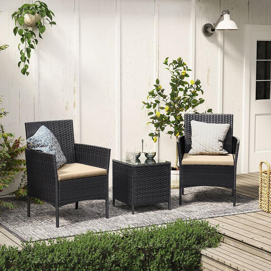 Tuinmeubelset van PE polyrattan met metalen frame – inclusief tafel met gehard glazen blad en 5 cm kussens