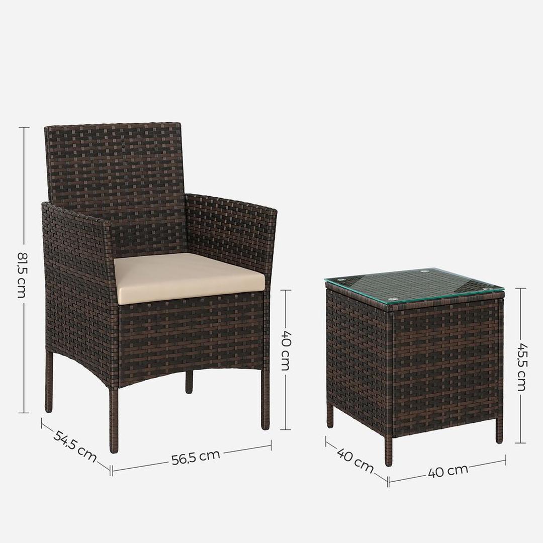 Tuinmeubelset van PE polyrattan met metalen frame – inclusief tafel met gehard glazen blad en 5 cm kussens