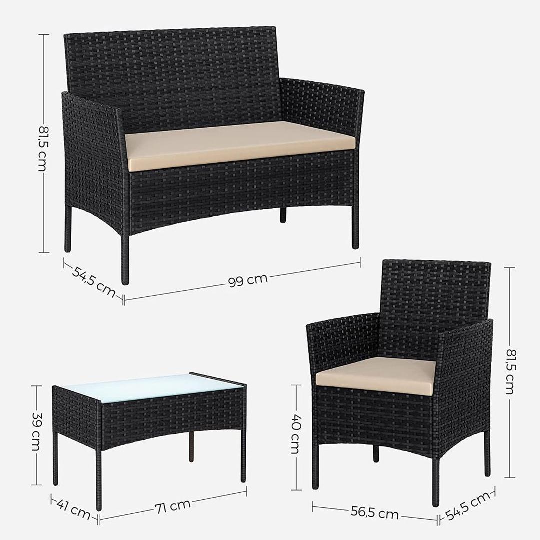 Balkonmeubelset 4-delig met kussens – poly rattan en metalen frame – glazen tafelblad – 5 cm zitkussens