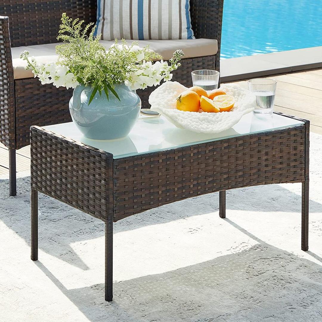 Balkonmeubelset 4-delig met kussens – poly rattan en metalen frame – glazen tafelblad – 5 cm zitkussens
