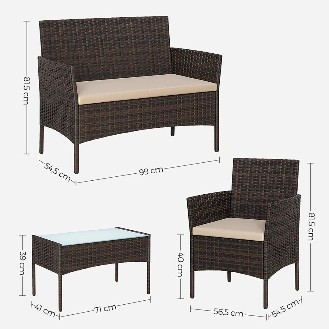 Balkonmeubelset 4-delig met kussens – poly rattan en metalen frame – glazen tafelblad – 5 cm zitkussens