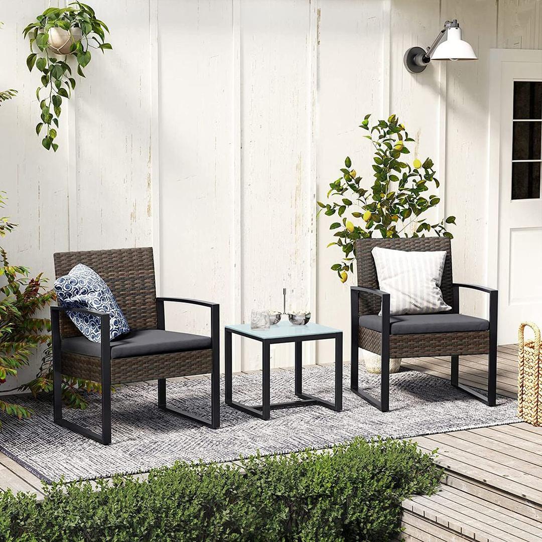 Tuinmeubelset 3-delig in rattanlook – 2 stoelen en bijzettafel – PE rotan en stalen frame – draagkracht 150 kg per stoel
