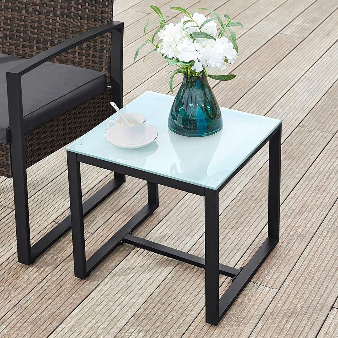 Tuinmeubelset 3-delig in rattanlook – 2 stoelen en bijzettafel – PE rotan en stalen frame – draagkracht 150 kg per stoel