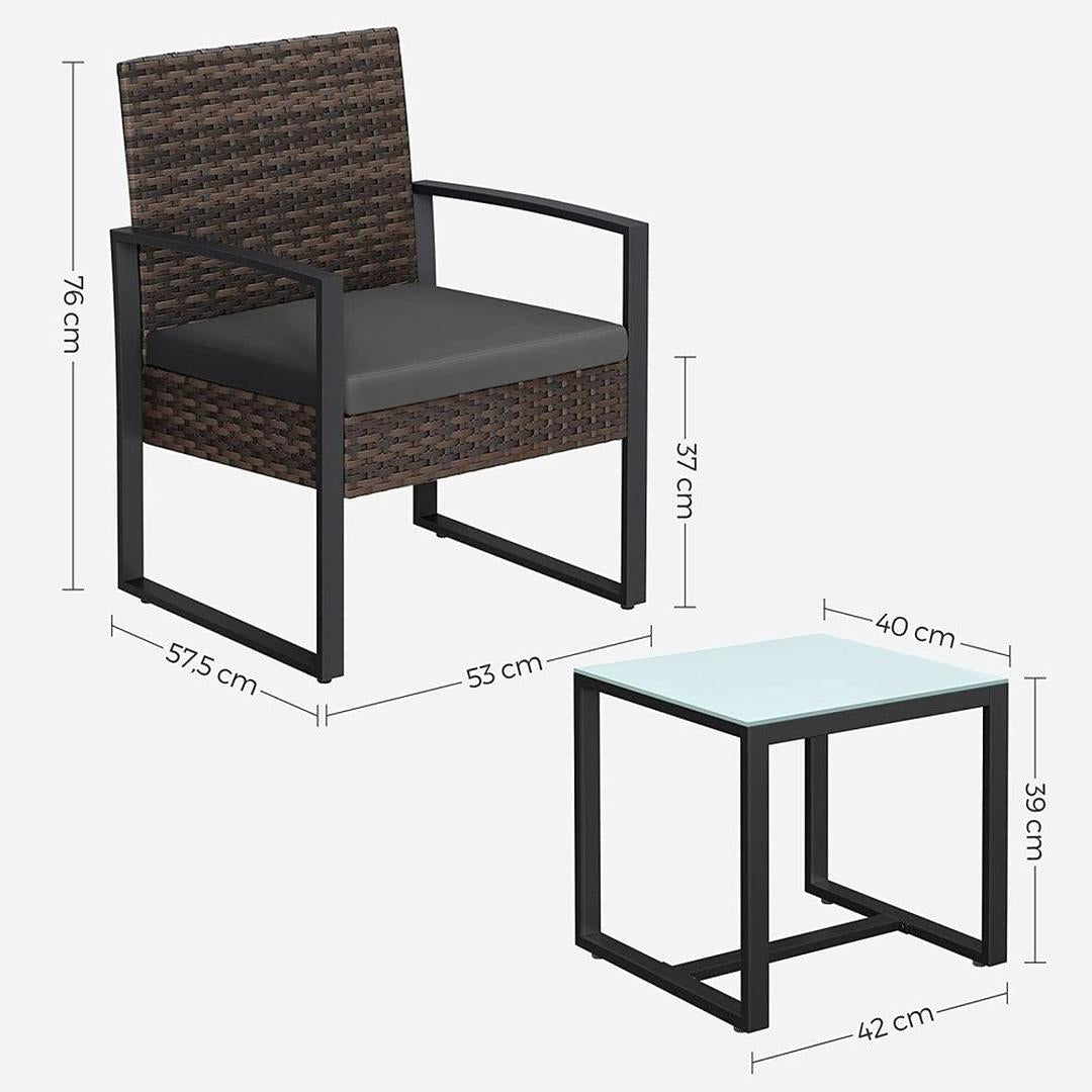Tuinmeubelset 3-delig in rattanlook – 2 stoelen en bijzettafel – PE rotan en stalen frame – draagkracht 150 kg per stoel