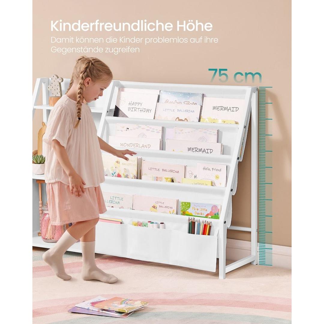 Kinderboekenkast met Opbergrek – Kinderplank met Open Vakken en Stoffen Opbergvakken