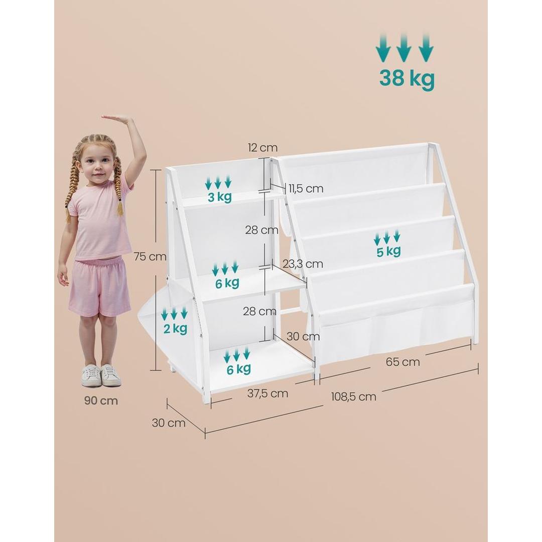 Kinderboekenkast met Opbergrek – Kinderplank met Open Vakken en Stoffen Opbergvakken