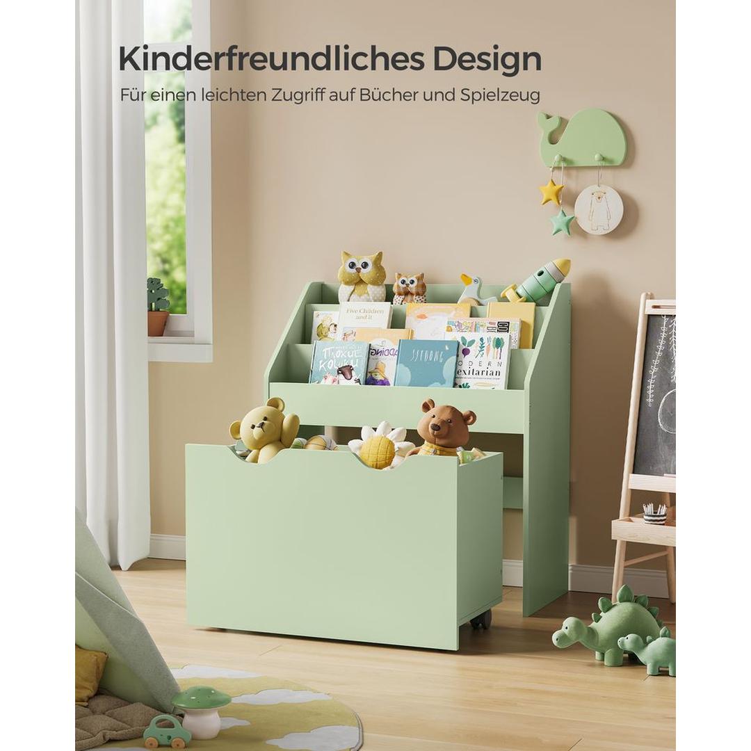 Kinder Speelgoedrek met Wielen – Opbergkast met 3 Legplanken en Uittrekbare Bak voor Boeken en Speelgoed