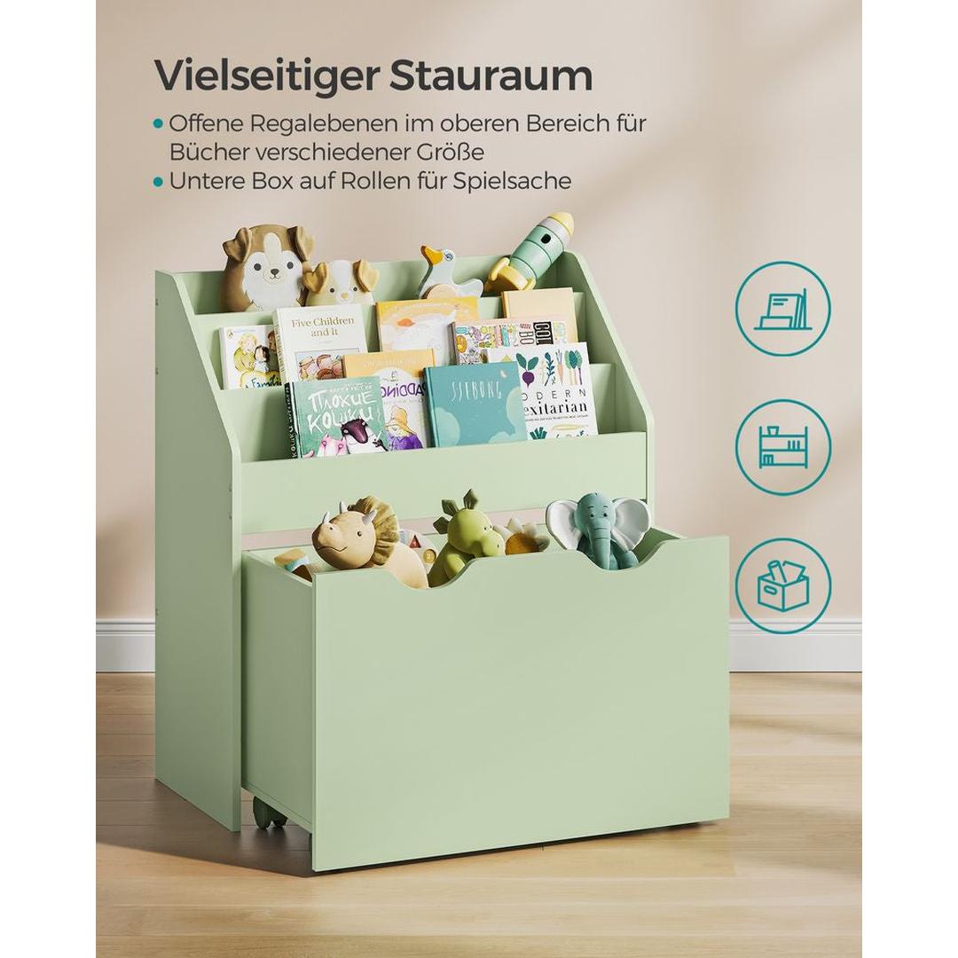 Kinder Speelgoedrek met Wielen – Opbergkast met 3 Legplanken en Uittrekbare Bak voor Boeken en Speelgoed