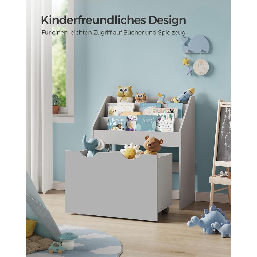 Kinder Speelgoedrek met Wielen – Opbergkast met 3 Legplanken en Uittrekbare Bak voor Boeken en Speelgoed