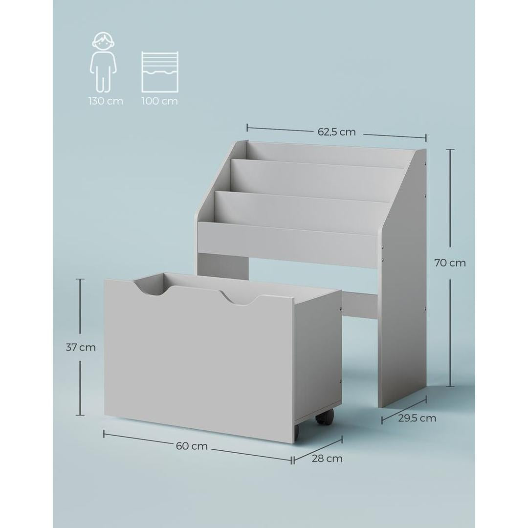 Kinder Speelgoedrek met Wielen – Opbergkast met 3 Legplanken en Uittrekbare Bak voor Boeken en Speelgoed